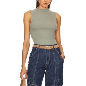 Enza Costa Grey Silk Knit Rib Sleeveless Mockneck Top Size S